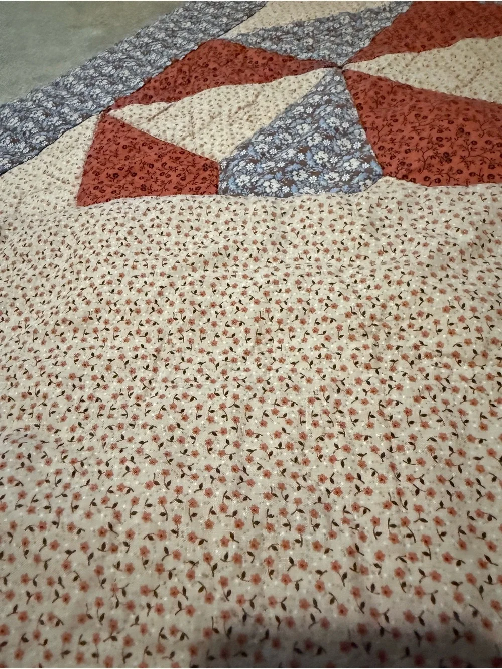 Handmade Patchwork Lap Quilt – 36” x 36” – Cottage Farmhouse | Red, Blue & Cream